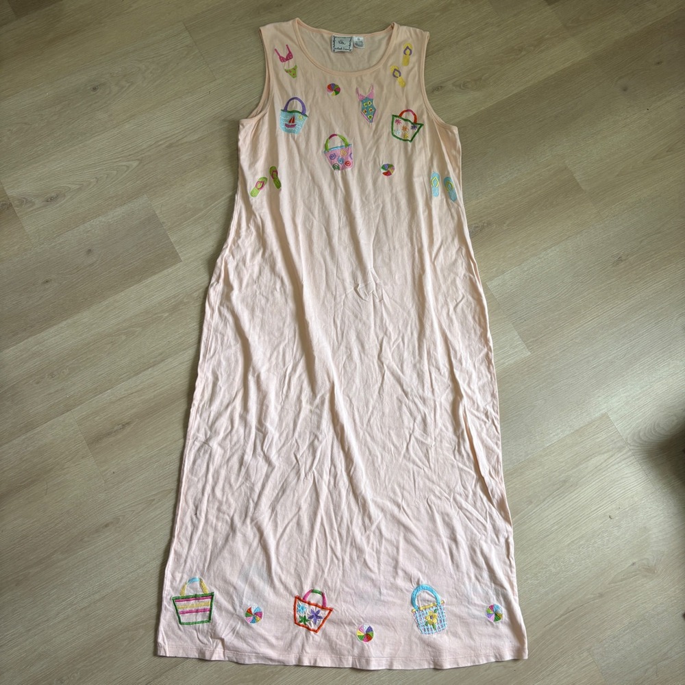 Michael Simon Lite Peach Cotton Beach Embroidery Sleeveless Maxi Dress 1X